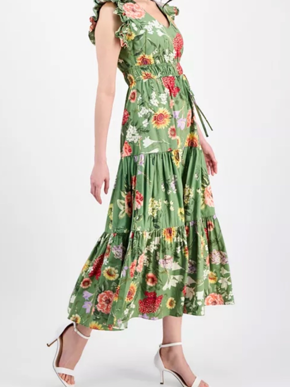 Anne Klein Green Floral Tiered Midi Dress Cottagecore Garden Party Large - Picture 11 of 13